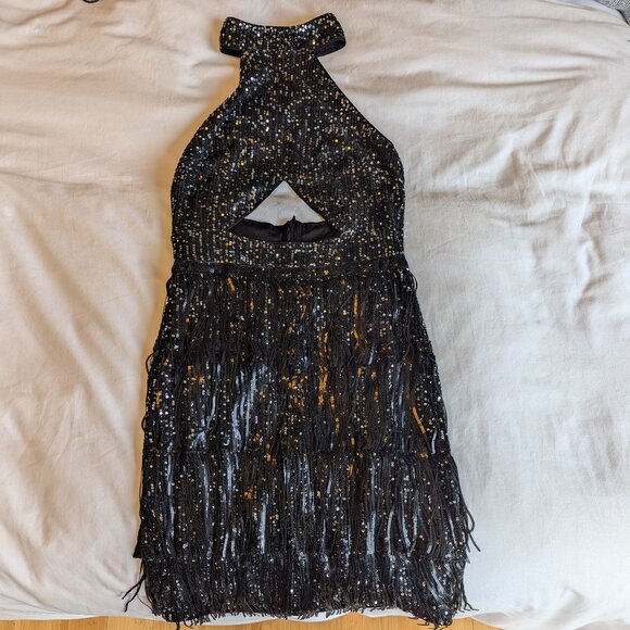Belle Cut Out Fringe Trim Backless Sequin Halter Dress Size M - Picture 3 of 8